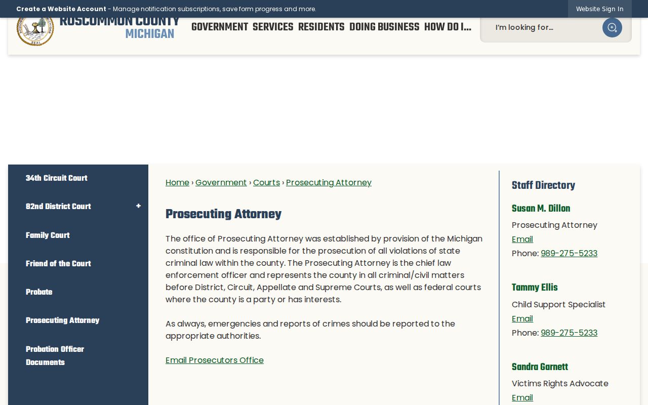 Roscommon County arrest warrant and Prosecuting Attorney information