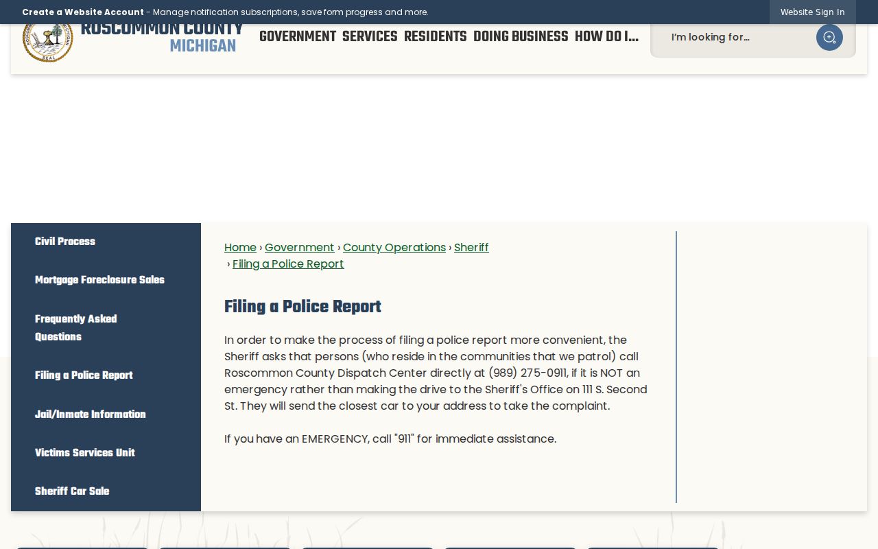 Roscommon County arrest report and nonemergency dispatch procedure