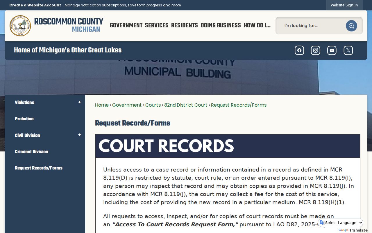 Roscommon County criminal court records request rules and forms