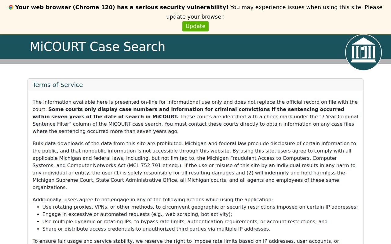 Roscommon County criminal court case search through the MiCOURT interface